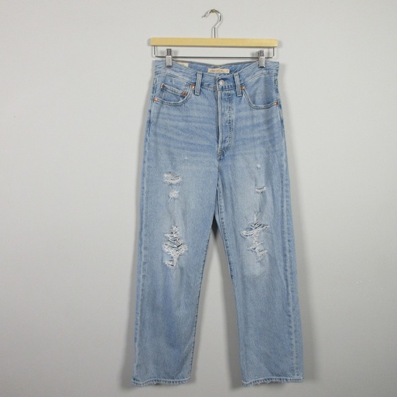 Levi's Premium Ribcage Straight Ankle Jeans Women 27 Blue Cotton Distressed 576 - Picture 1 of 15